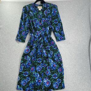Vtg 80s Pellini By Von Bramlett Womens Blue Watercolor Floral Dress P 7/8